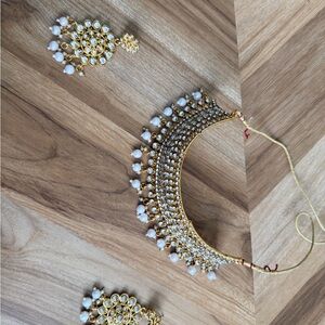 Ethnic Indian Wear Gold and White Kundan Choker Necklace Set